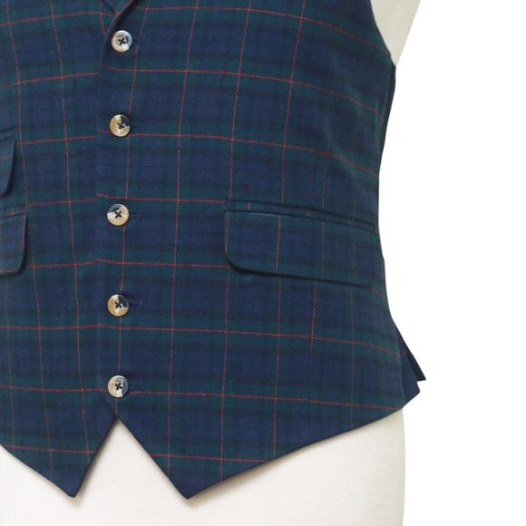 Mens Vest 44R Tartan Plaid Blue Green Red Wool Lapel Waistcoat Formal Wedding - Picture 6 of 9